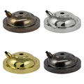 Four metal lamp ceiling rose mounts in brass, chrome, bronze, and black finishes for Rye Clear Glass Wall Light installation.