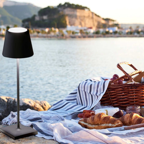 Zafferano Poldina Pro rechargeable dark grey table lamp on outdoor picnic setup by the water