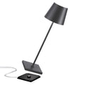 Zafferano Poldina Pro rechargeable dark grey table lamp with sleek minimalist design and touch dimmer.