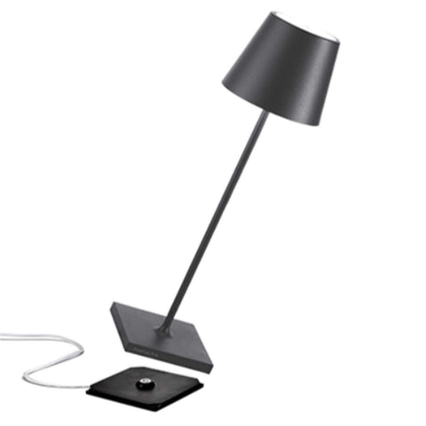Zafferano Poldina Pro rechargeable dark grey table lamp with sleek minimalist design and touch dimmer.