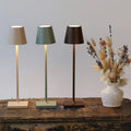 Three Zafferano Poldina Micro rechargeable LED table lamps in beige, sage green, and dark brown on a wooden surface next to a vase with dried flowers