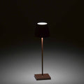 Zafferano Poldina Pro rechargeable rust-colored portable table lamp glowing in dark background