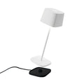 Zafferano Ofelia Pro Rechargeable Table Lamp with touch dimmer and modern contact charging base in white and black