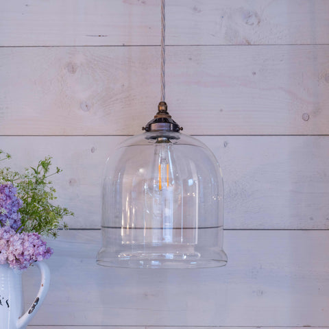 Hythe Medium Clear Glass Pendant Light with handcrafted clear glass shade and adjustable flex, ideal for modern home decor