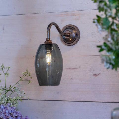 Camber Small Smoked Glass Shade wall light with elongated smoked glass and bronze finish mounting bracket