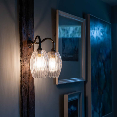 Camber Medium Ribbed Glass Shade Double Arm Wall Light with swan neck wall sconces for warm ambient lighting in bedrooms and living rooms