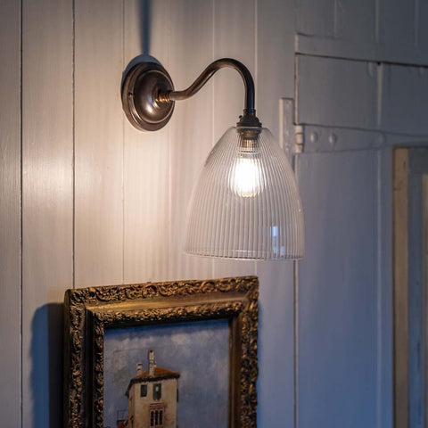 Margate Small Ribbed Glass Shade wall light with hand-blown ribbed glass and customizable fittings.