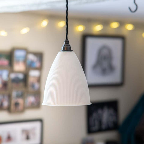 Grosvenor Ribbed Ceramic Shade Pendant Light with flared design and vertical ribbing providing warm, soft illumination