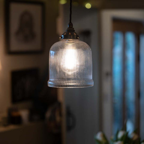 Hythe Medium Prismatic Glass Shade Pendant Light with intricate prismatic glass and warm ambient lighting