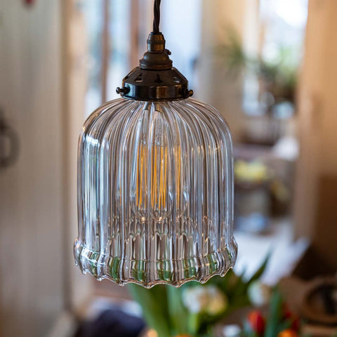Hythe Small Ribbed Glass Shade Pendant Light with adjustable cord and ribbed glass design