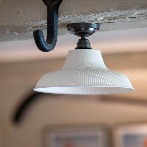 Hartington Ribbed Ceramic Shade Flush Ceiling Light with flared ribbed ceramic shade providing warm, diffused ceiling illumination