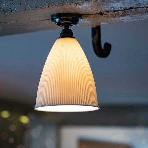 Grosvenor Ribbed Ceramic Shade Flush Ceiling Light with flared ribbed ceramic shade providing warm, diffused lighting and low-profile flush mount design