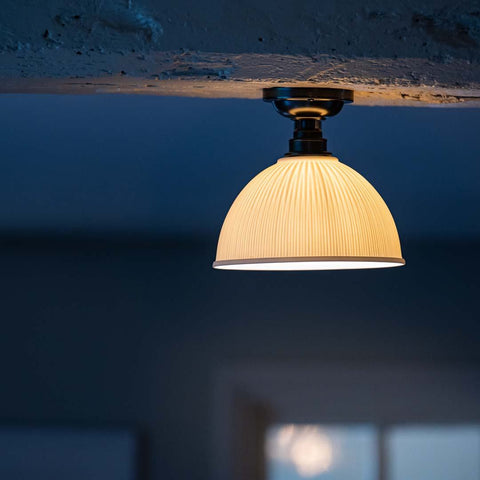 Denton Medium Ribbed Ceramic Shade Flush Ceiling Light with handcrafted porcelain ribbed shade in neutral tones for ambient lighting