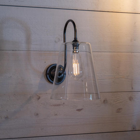 Newbury Large Clear Shade Long Swan Wall Light  with elegant clear glass shade and swan neck arm in antique brass finish