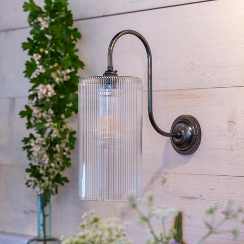 Brook Large Ribbed Glass Shade Wall Light with long swan neck and ribbed glass shade in polished brass finish