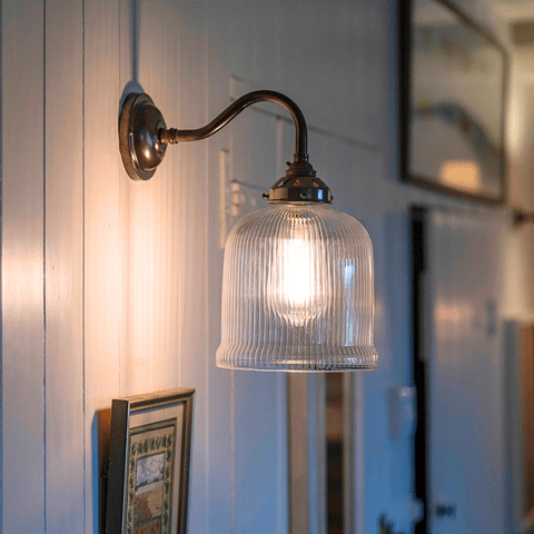 Hythe Small Prismatic Glass Shade Wall Light with handcrafted prismatic glass diffuser for warm, elegant interior lighting