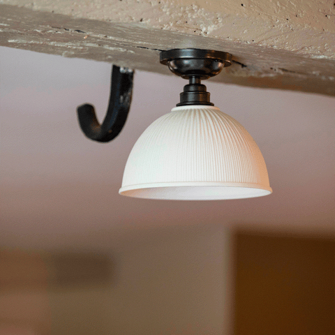 Denton Medium Ribbed Ceramic Shade Flush Ceiling Light with handcrafted ribbed porcelain shade and soft ambient glow