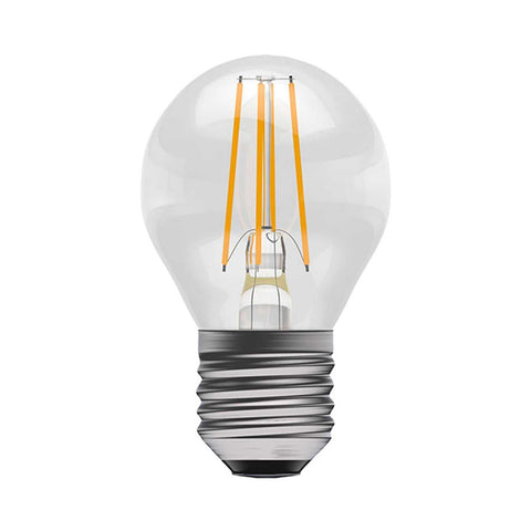 E27 Golfball 3.3W dimmable LED bulb with warm white 2700K light and 470 lumens brightness.