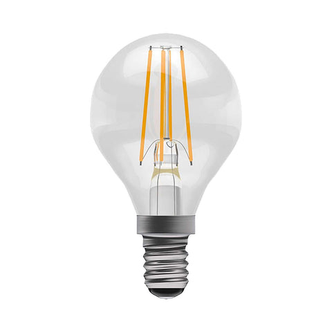 LED E14 Golfball bulb with 3.3W dimmable warm white 2700K light and E14 screw base