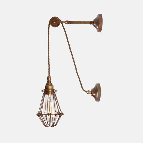 Kairi Pulley Wall Light vintage industrial brass cage wall sconce with adjustable pulley and braided cord