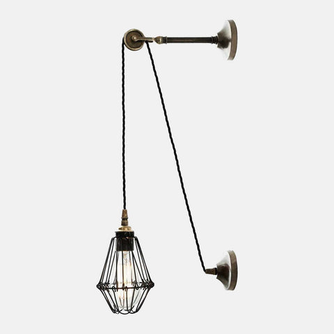 Kairi Pulley Wall Light vintage industrial design with adjustable pulley and brass cage shade