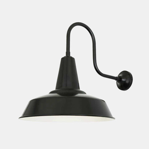 Salton Wall Light industrial-style black metal wall lamp with curved arm and white interior shade
