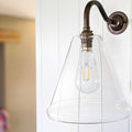 Rye Clear Glass Wall Light with medium handblown glass shade and bronze swan neck bracket mounted on white wall