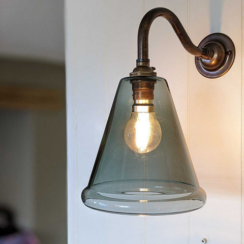 Rye smoked glass small wall light with handblown smoked glass shade and vintage swan neck fitting