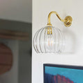 Soho Medium Ribbed Glass Shade Wall Light with clear ribbed glass shade and polished brass swan neck mount on white wall above framed artwork