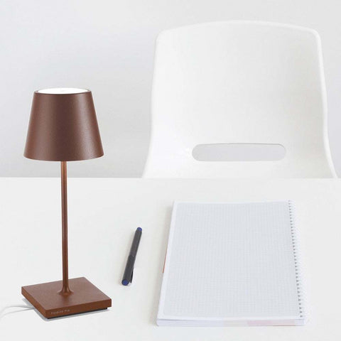 Zafferano Poldina Mini rechargeable rust table lamp with modern design and waterproof rating for indoor and outdoor use
