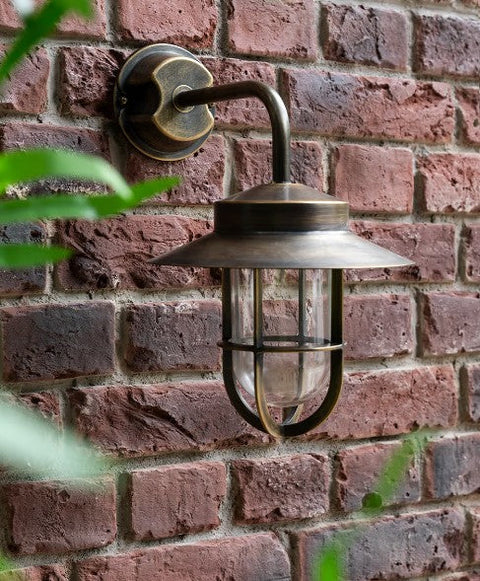 Hanwell Outdoor Wall Light vintage brass wall lantern with IP65 rating for garden and patio lighting