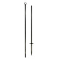 Black steel festoon poles with bull horn design and pointed bases for outdoor lighting installation.