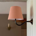 Finberry Pink Linen fabric shade wall light with brass swan neck fitting mounted on wall